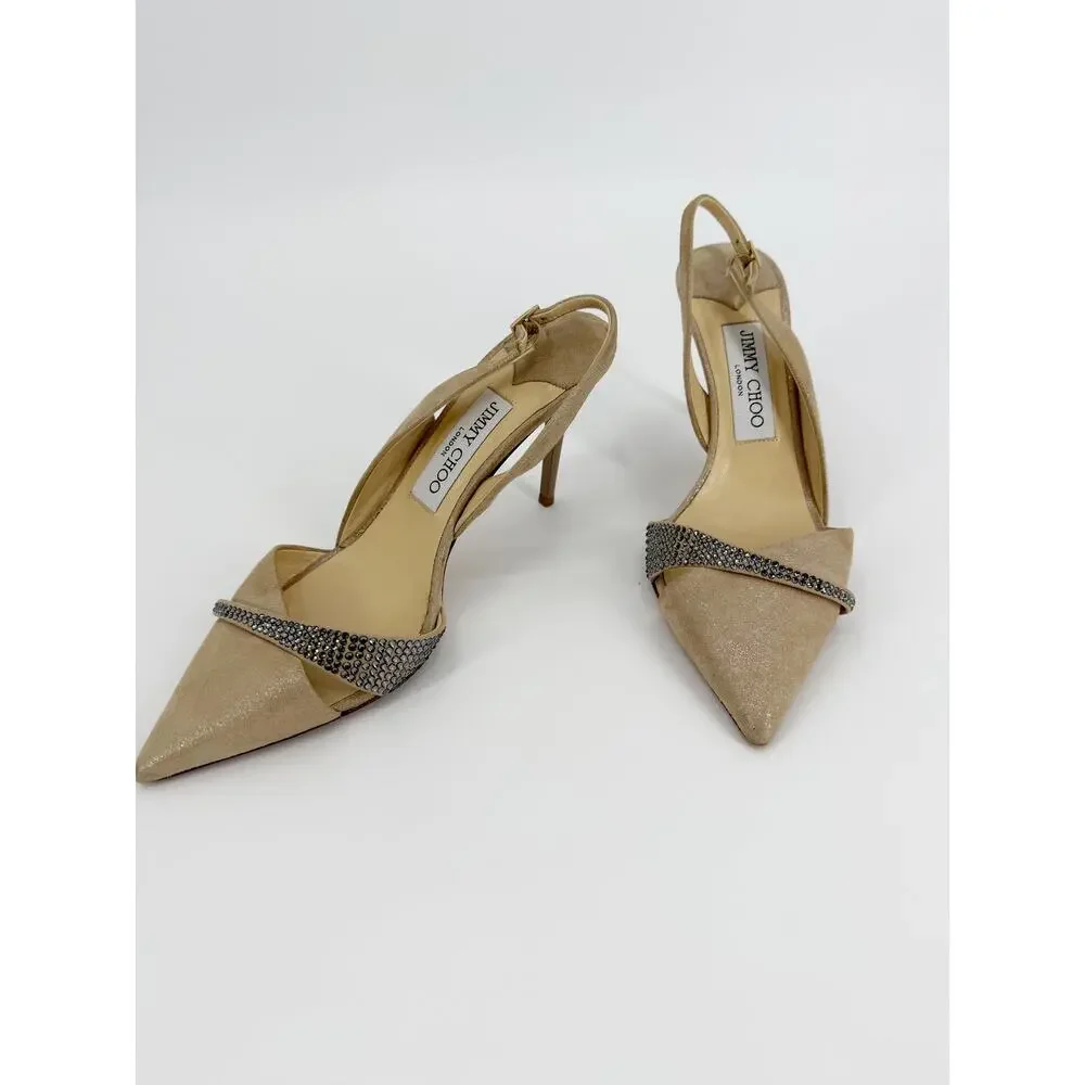 Jimmy Choo Desai Shimmer Beige Crystal Pointed Toe Slingback Pump Heels 37